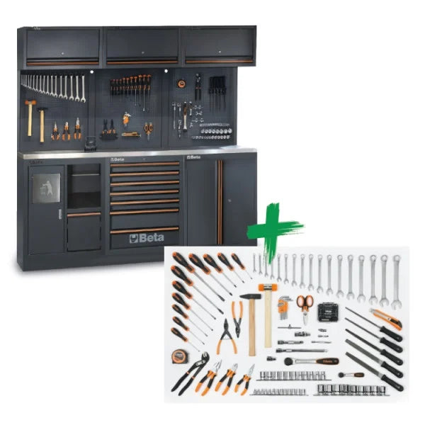 Combinazione arredo officina C45PRO 2.0 AX con assortimento di 157 utensili universali Beta Worker C45PRO 2.0 AX/157UT