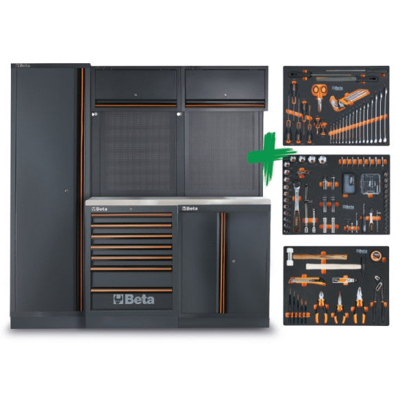 Combinazione arredo officina C45PRO 2.0 B7X con assortimento di 196 utensili universali Beta Worker C45PRO 2.0 B7X/196UT