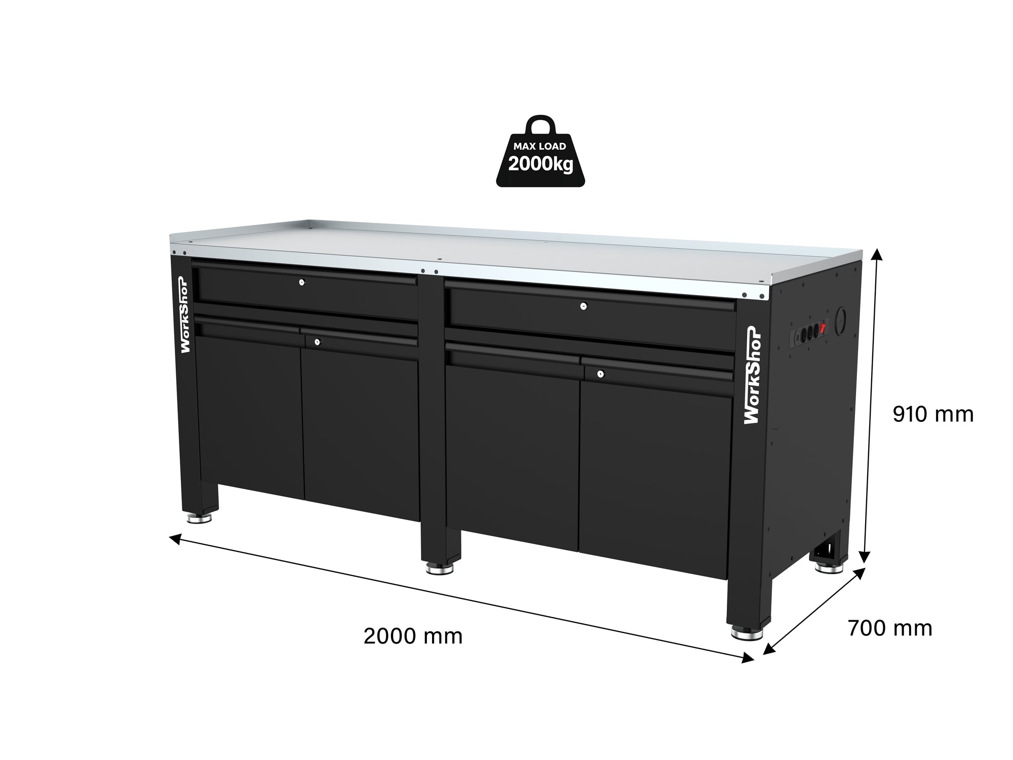 Banco da lavoro con cassetti e antine HIGH FORCE piano zincato 2mt Workshopitaly