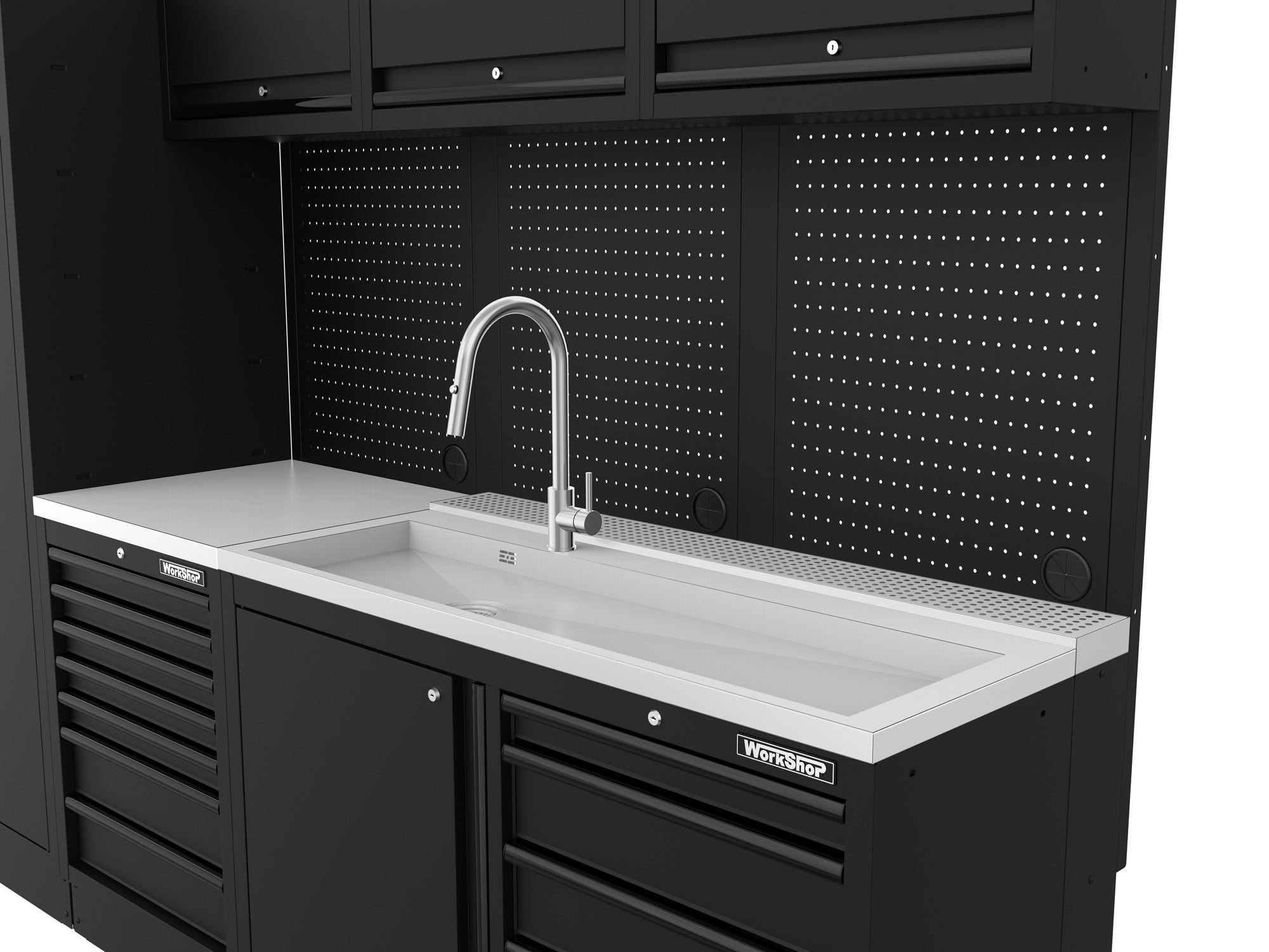 Mobile Officina Workshopitaly MPS+ multi funzione, lavello largo, piano di appoggio INOX con pannellatura