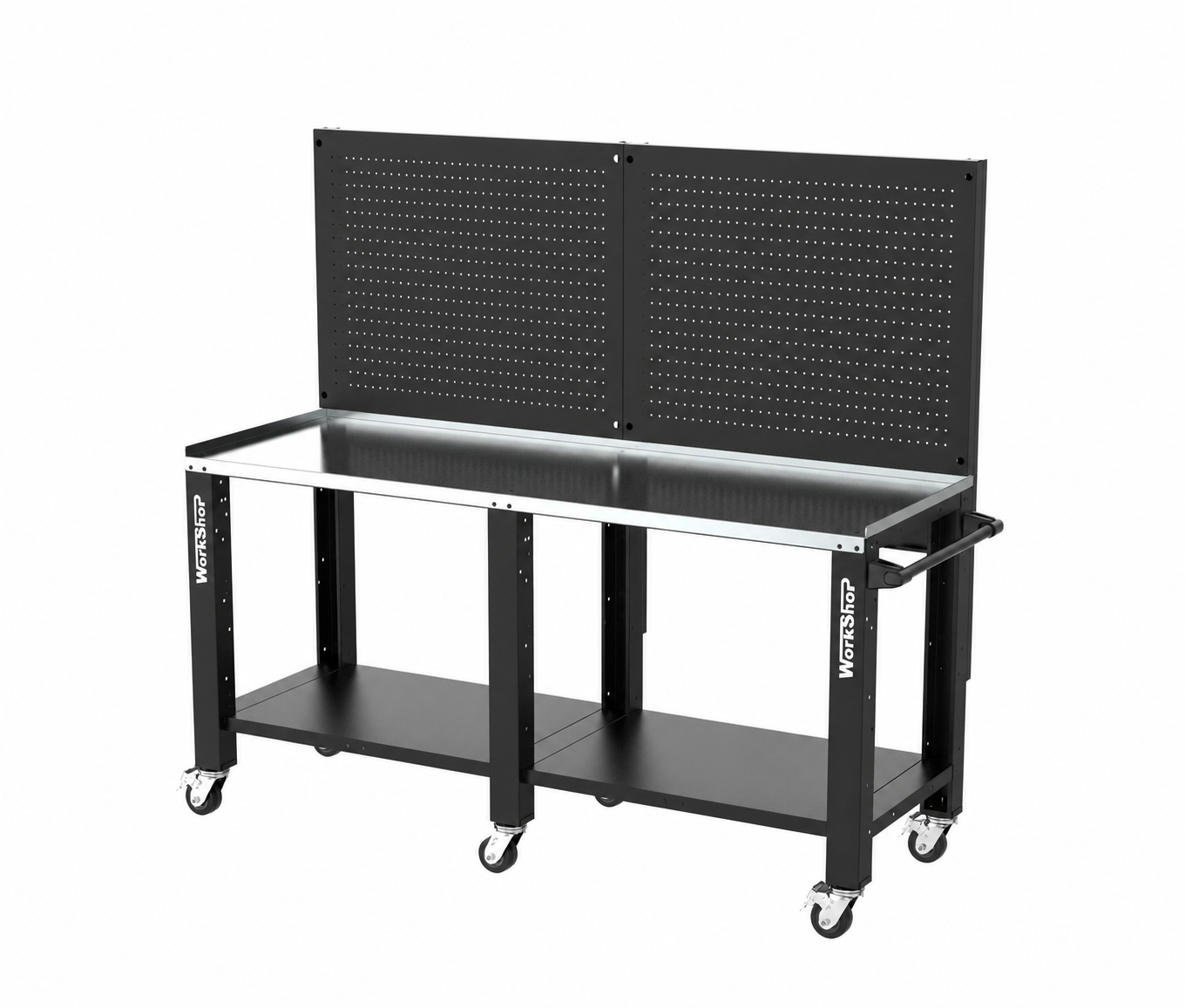 Banco da lavoro con ruote e pannelli forati HIGH FORCE piano zincato 2 mt Workshopitaly