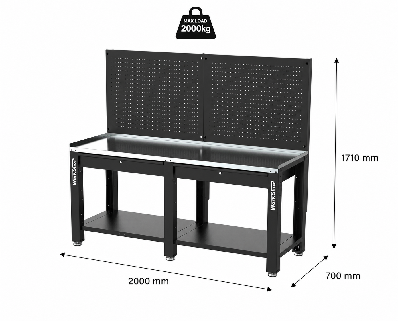 Banco da lavoro con cassetti e pannelli forati HIGH FORCE piano zincato 2 mt Workshopitaly