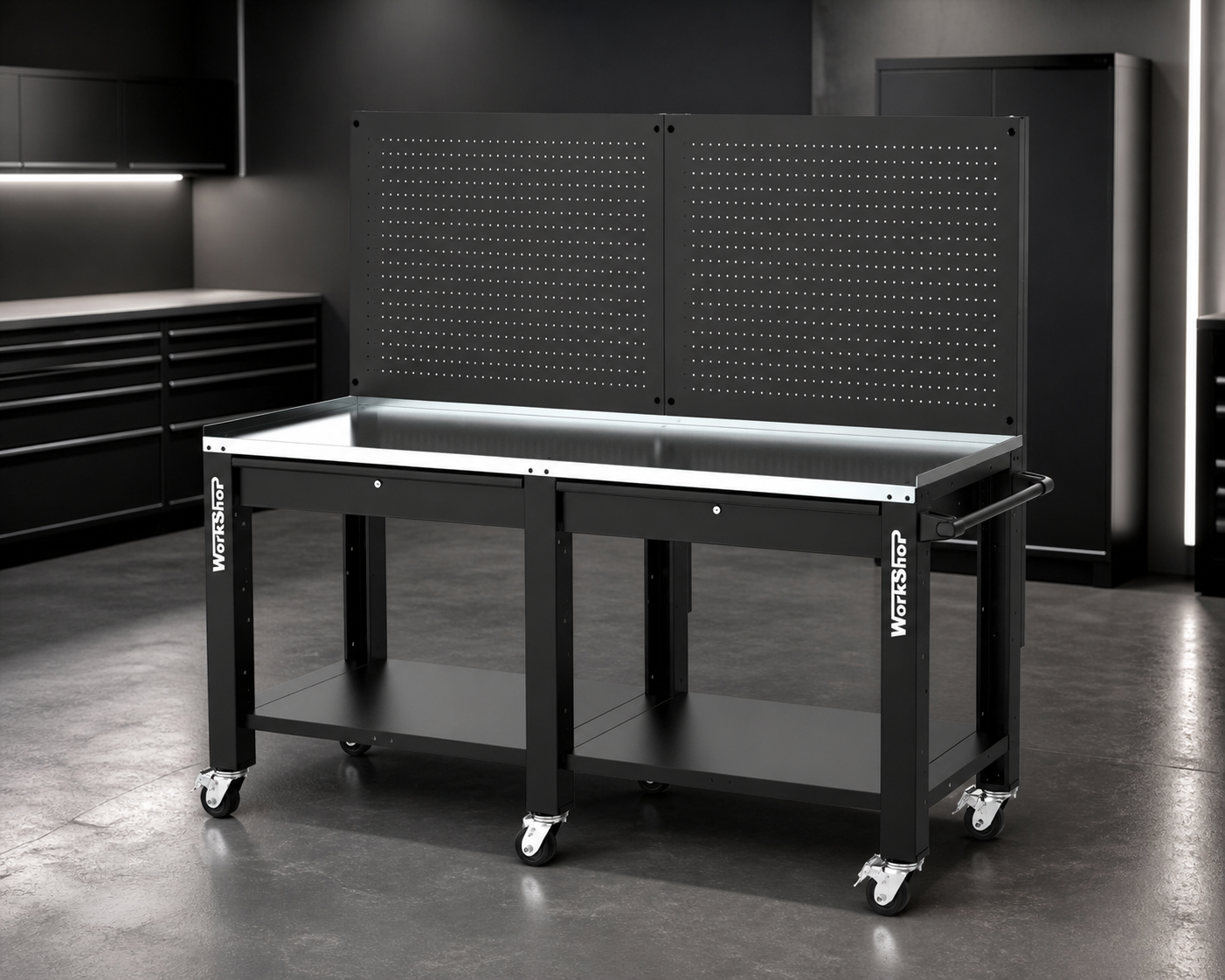 Banco da lavoro con ruote, cassetti e pannelli HIGH FORCE piano zincato 2 mt Workshopitaly