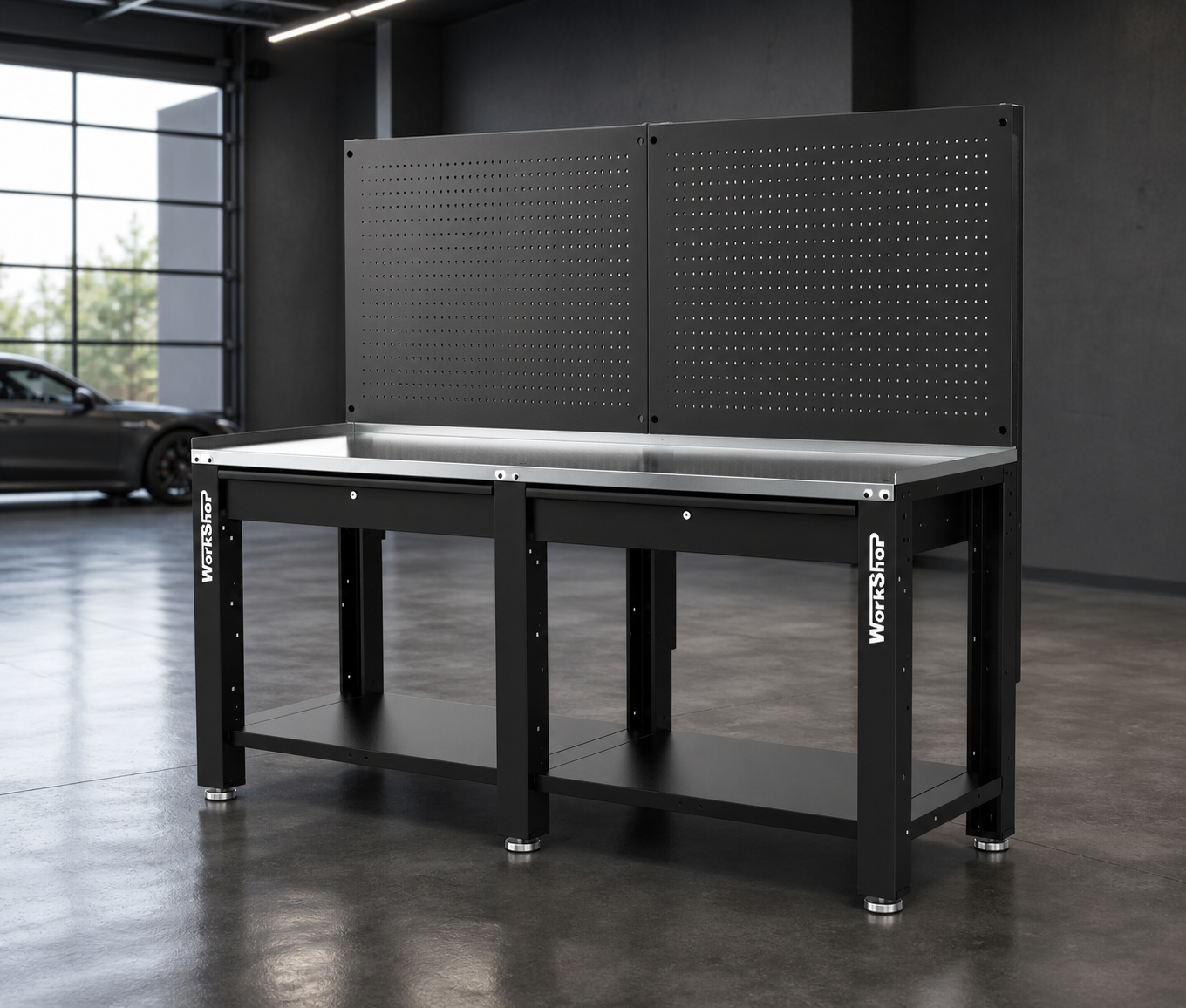 Banco da lavoro con cassetti e pannelli forati HIGH FORCE piano zincato 2 mt Workshopitaly