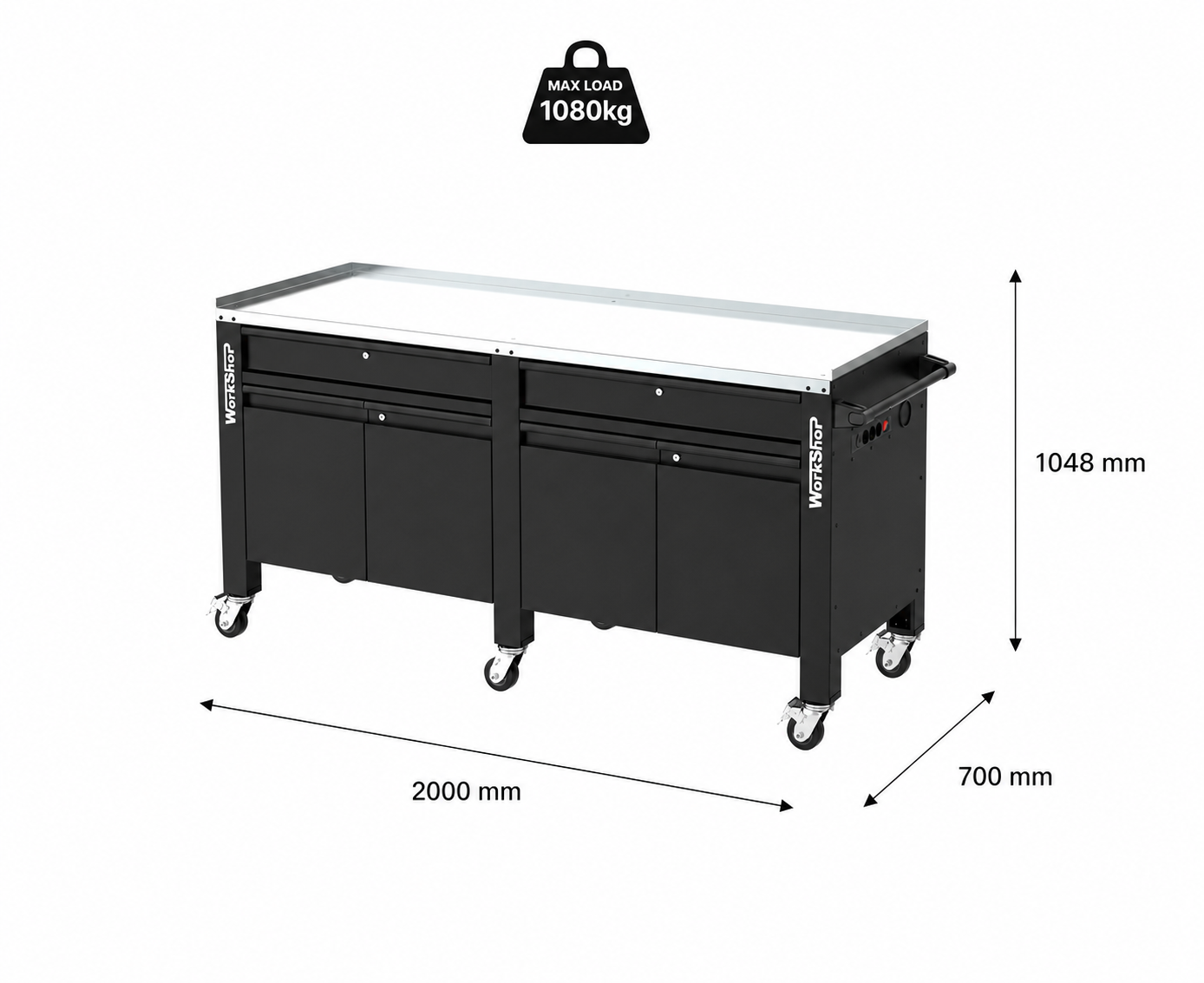 Banco da lavoro con ruote, cassetti e armadiatura HIGH FORCE piano zincato 2 mt Workshopitaly