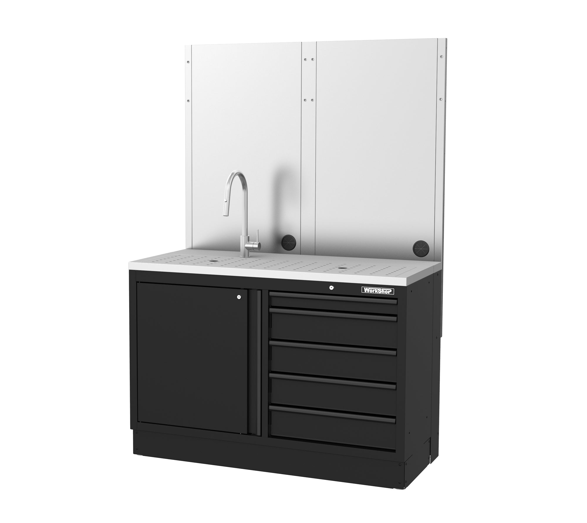 Mobile Officina Workshopitaly MPS+ multi funzione, lavello largo, piano di appoggio INOX con pannellatura