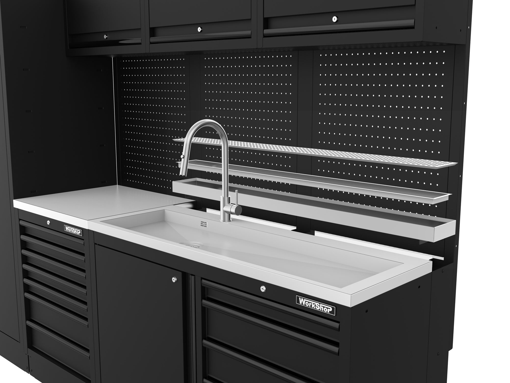 Mobile Officina Workshopitaly MPS+ multi funzione, lavello largo, piano di appoggio INOX con pannellatura