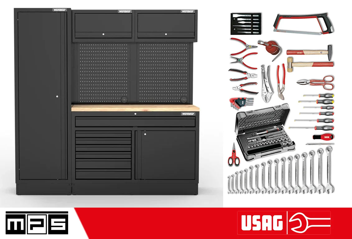 Arredo Officina Workshopitaly MPS 07 legno 2mt. Total Black + set 74 utensili Usag