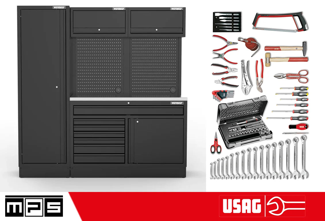 Arredo Officina Workshopitaly MPS 07 inox 2mt. Total Black + set 74 utensili Usag