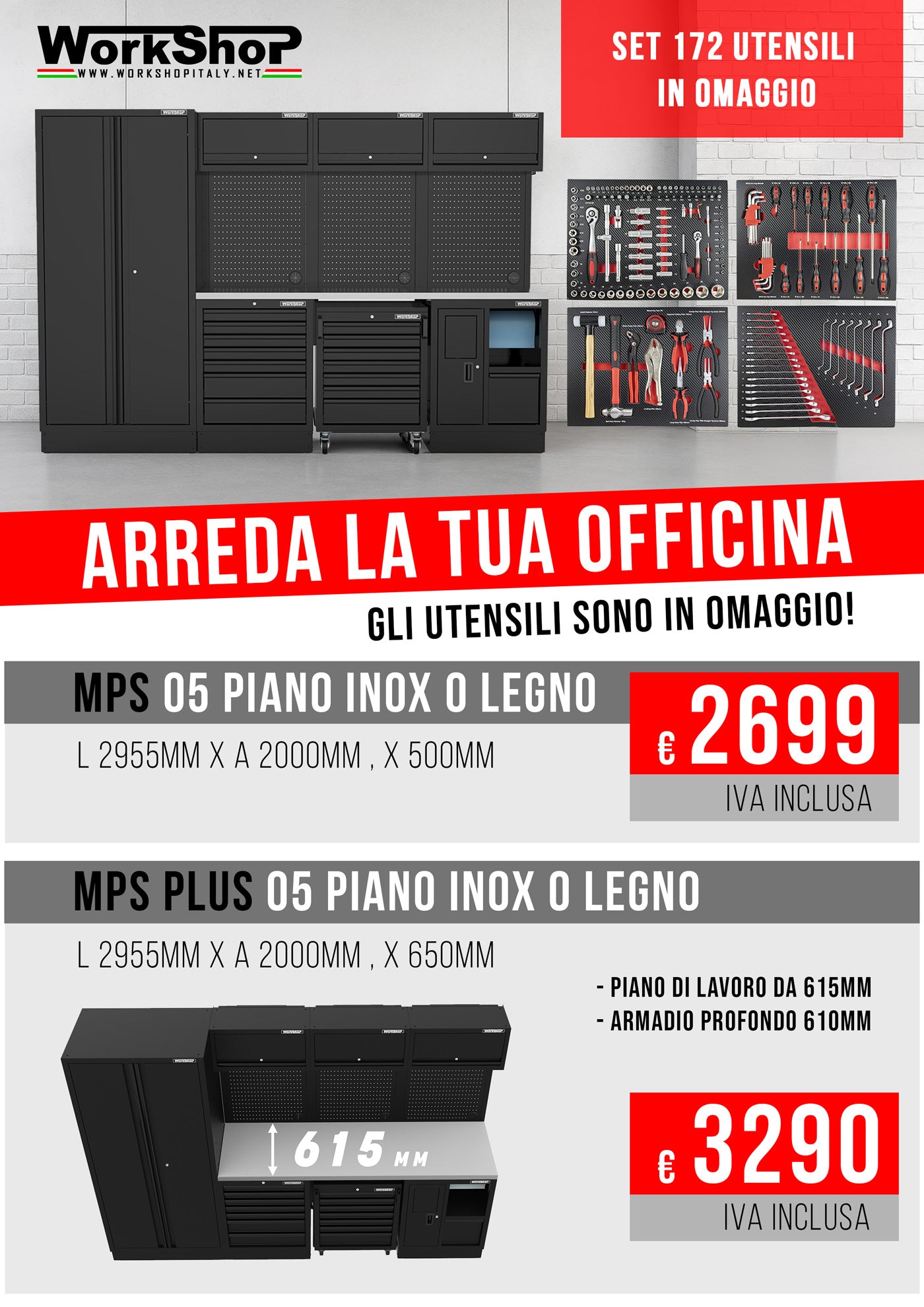 Arredo Officina Workshopitaly MPS 05 3mt. + set 172 utensili PROMO