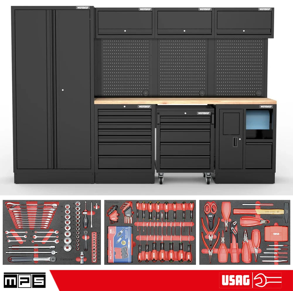 Arredo Officina Workshopitaly MPS 04 legno 3mt. Total Black + set 254 utensili Usag