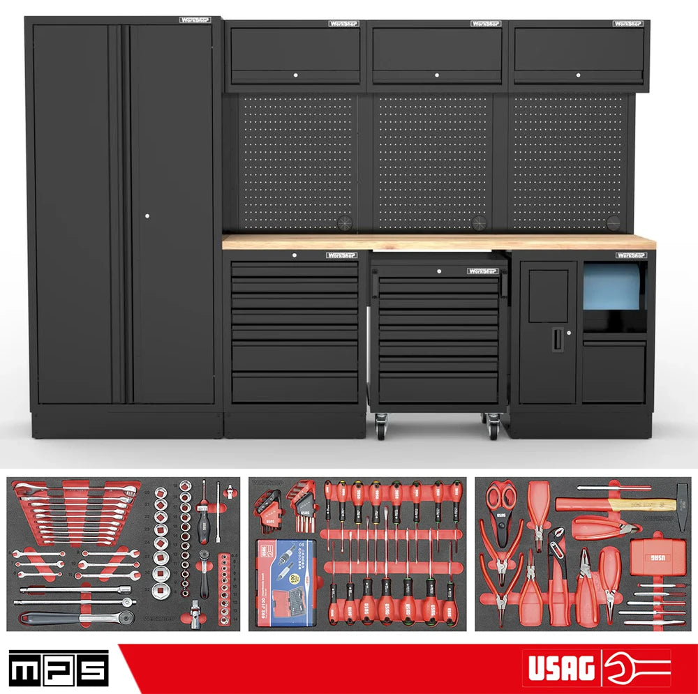 Arredo Officina Workshopitaly MPS 05 legno 3mt. Total Black + set 254 utensili Usag