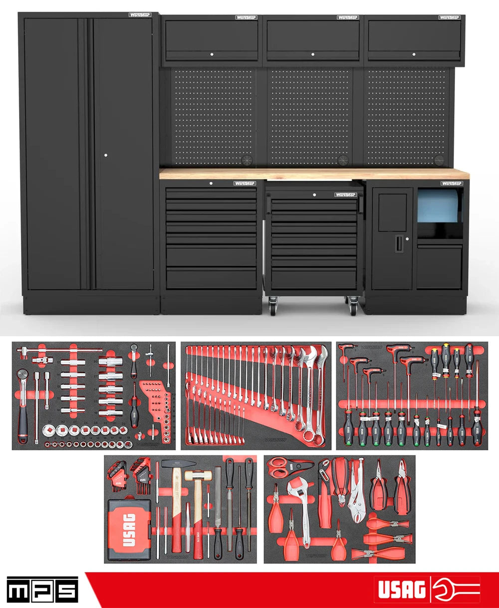 Arredo Officina Workshopitaly MPS 05 legno 3mt. Total Black + set 267 utensili Usag PRO