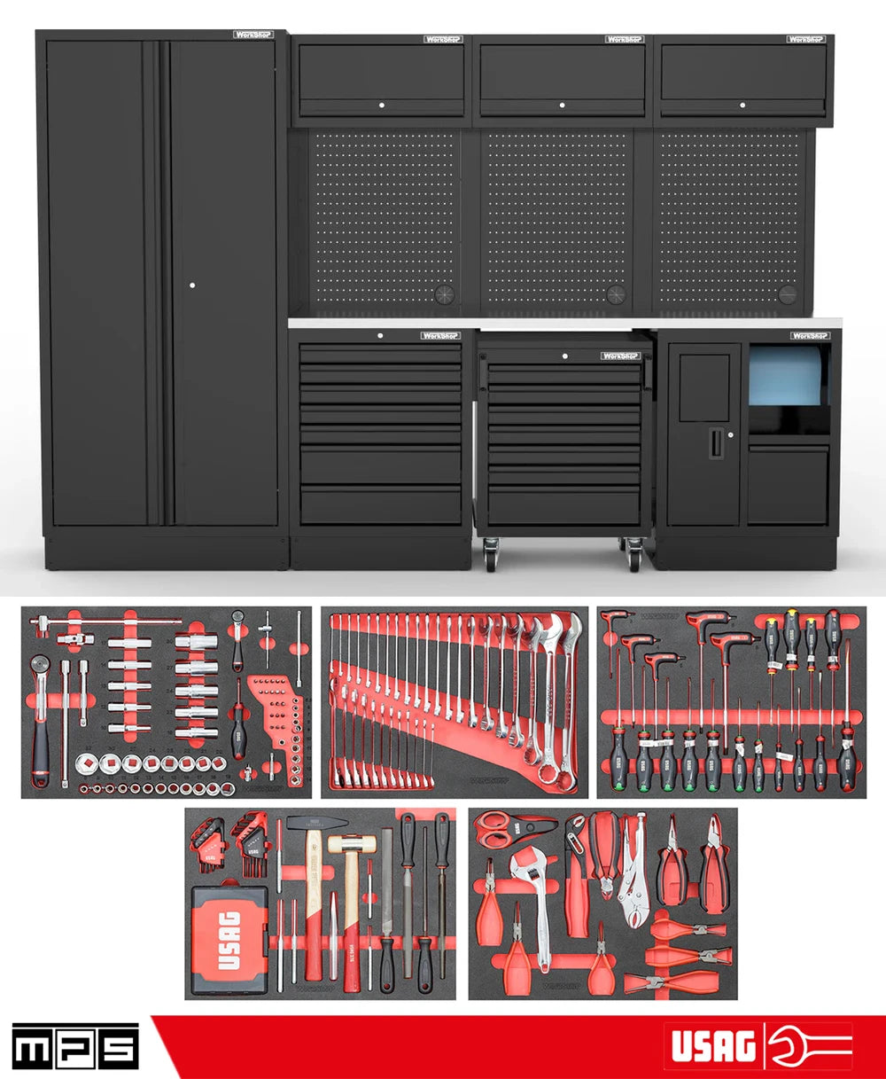 Arredo Officina Workshopitaly MPS 05 inox 3mt. Total Black + set 267 utensili Usag PRO