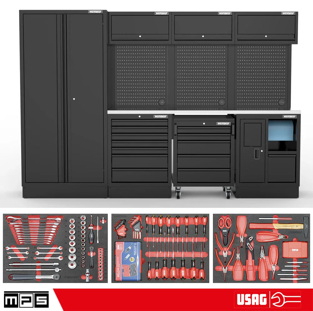 Arredo Officina Workshopitaly MPS 04 inox 3mt. Total Black + set 254 utensili Usag