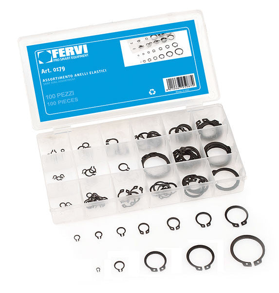 Assortimento 100 anelli elastici seeger 0179 Fervi
