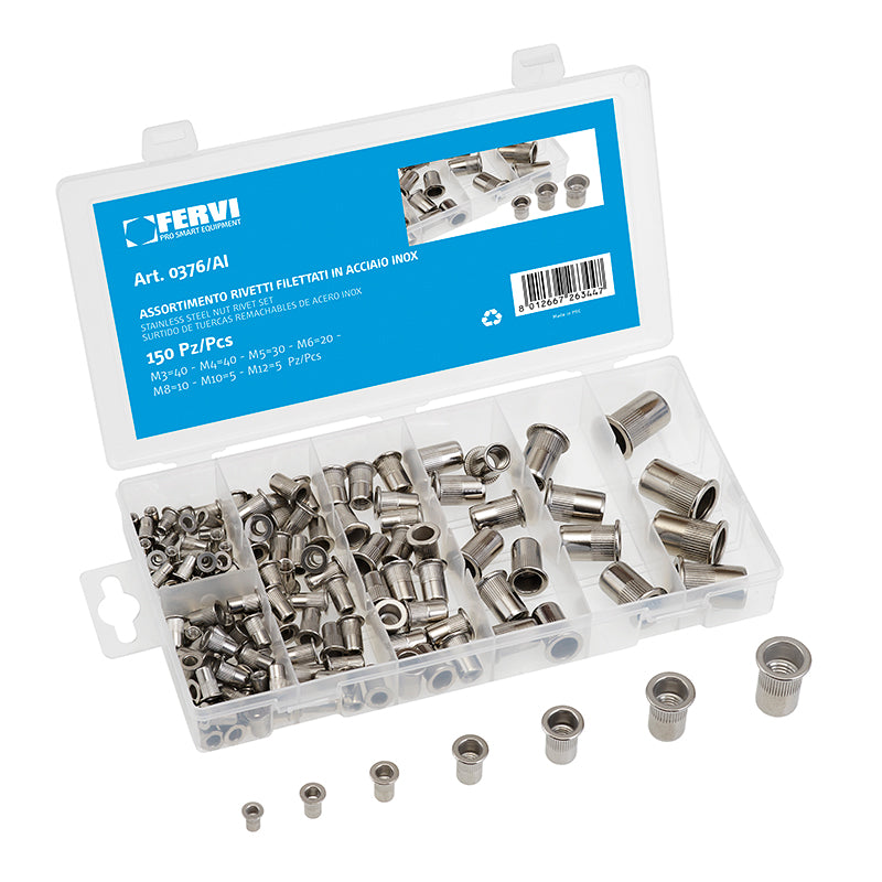 Assortimento 150 inserti rivetti filettati INOX 0376/AI Fervi