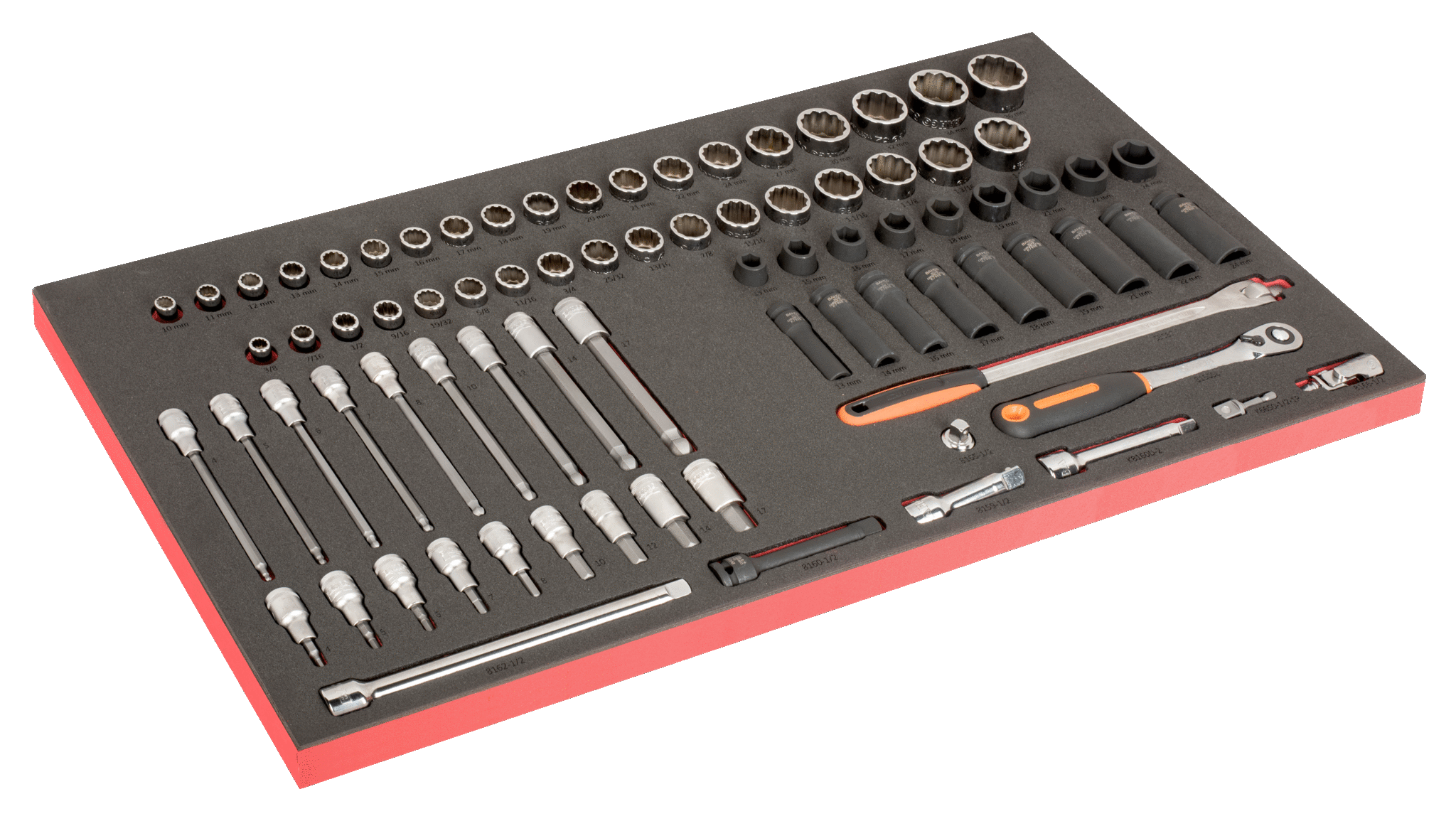 Alloggiamento termoformato per assortimenti chiavi a bussola misure in millimetri e pollici 1/2" 76 pezzi Bahco FF1B02LM