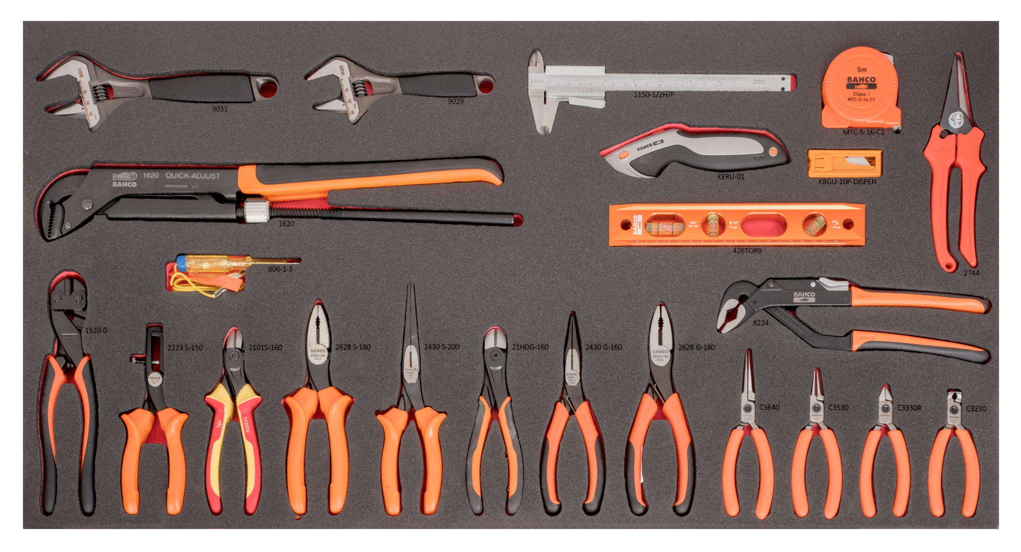 Alloggiamento termoformato per pinze, pinze compatte, chiavi e calibri 32 pezzi Bahco FF1B05LM