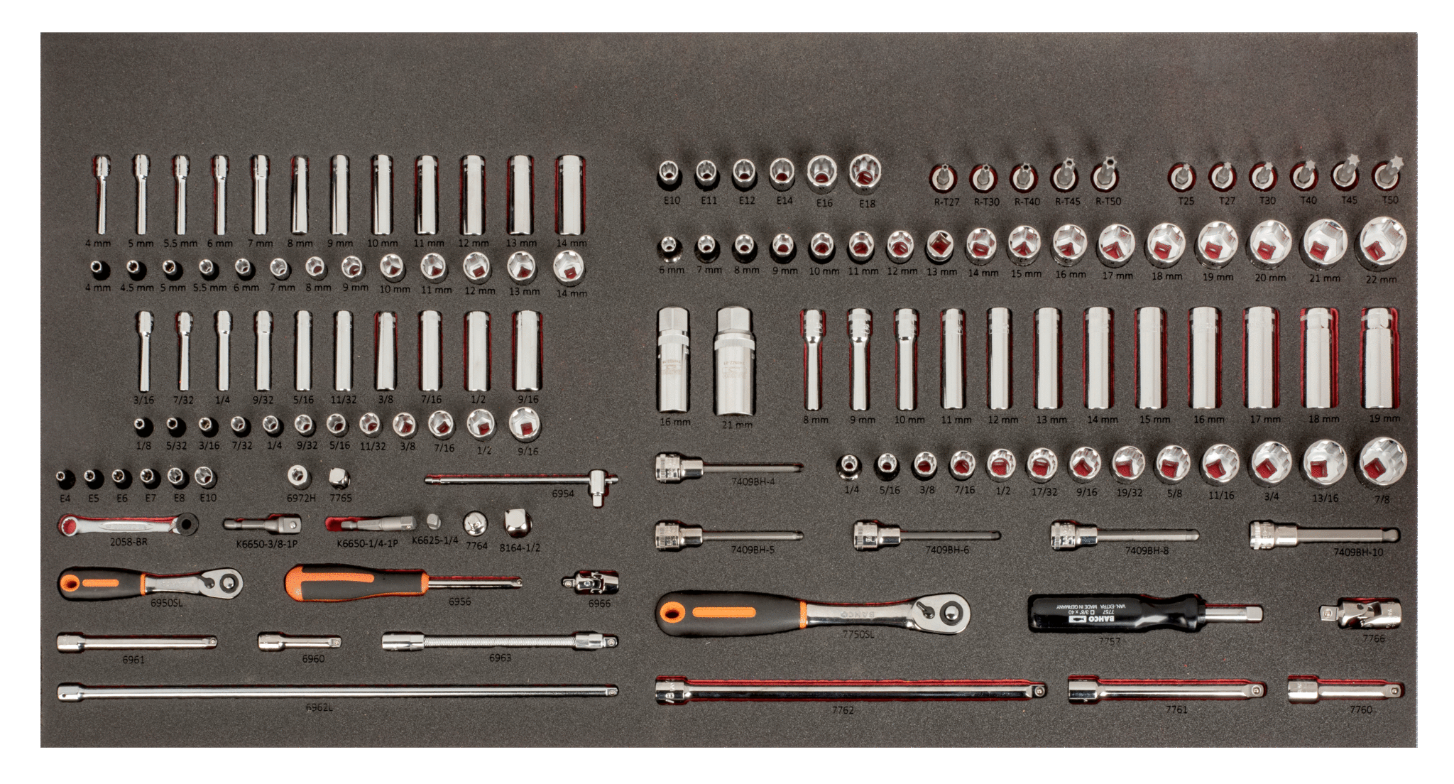 Alloggiamento termoformato per assortimenti bussole misura in millimetri e pollici 1/4" 141 pezzi Bahco FF1B01LM
