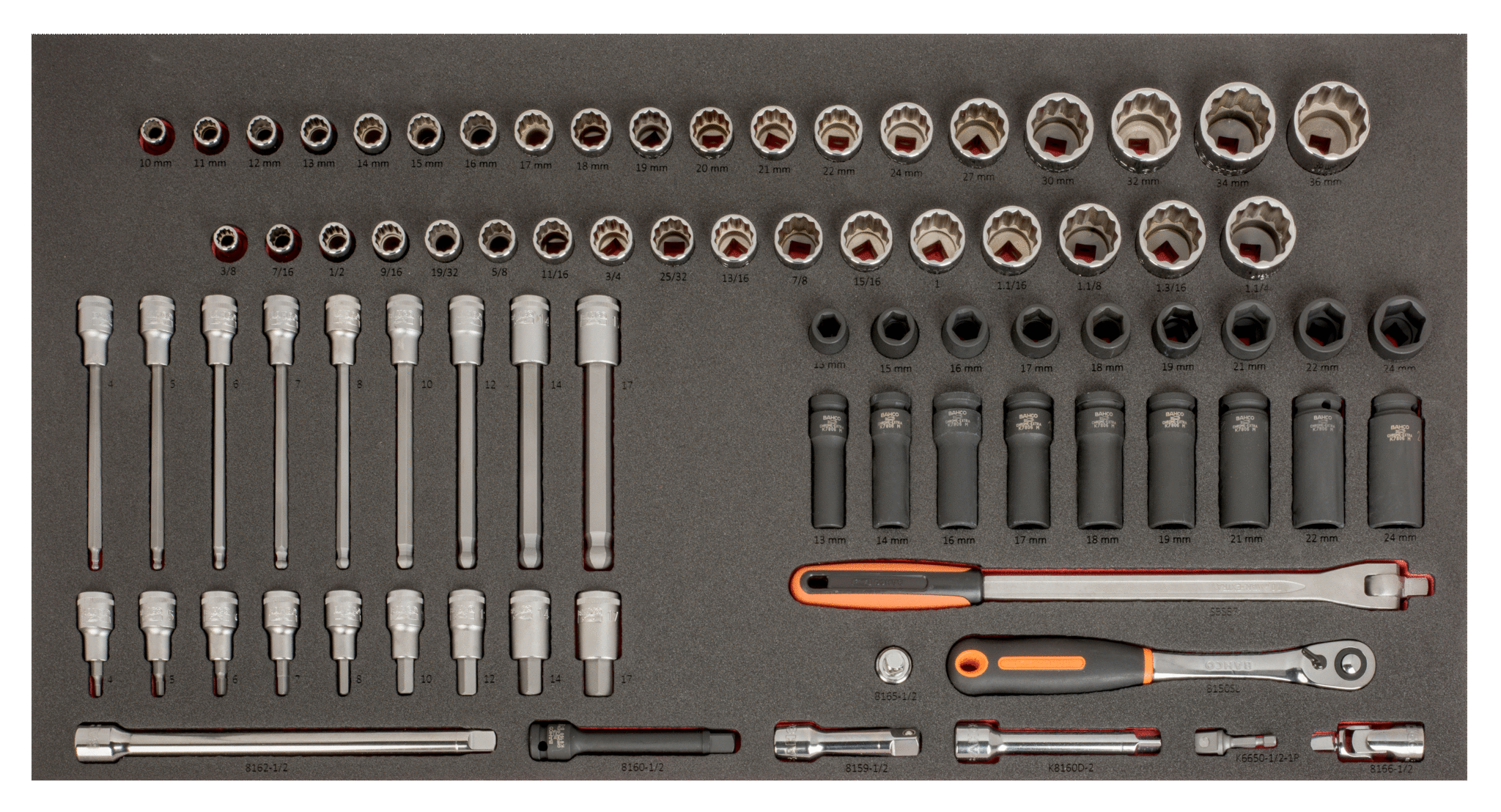 Alloggiamento termoformato per assortimenti chiavi a bussola misure in millimetri e pollici 1/2" 76 pezzi Bahco FF1B02LM