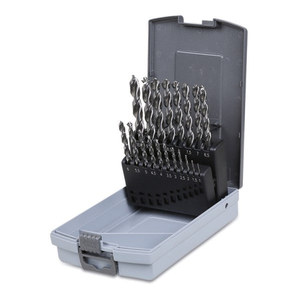 Serie di 19 punte elicoidali cilindriche in HSS, AISI M2, con punta ridotta Beta 416P/SP19