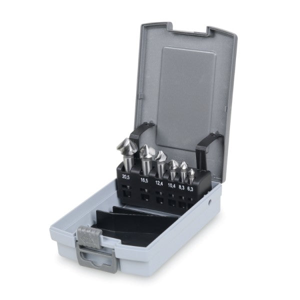 Serie di 6 frese a sbavare ed incassare a tre taglienti asimmetrici e a spirale in acciaio HSS 426A/SP6Beta