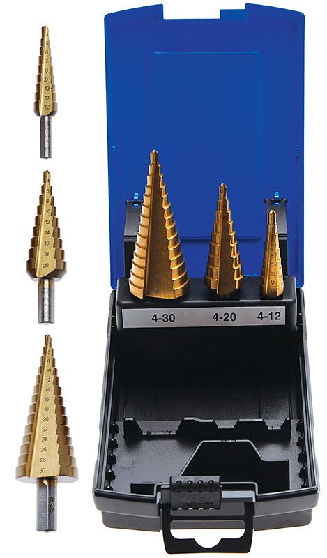 SET 3 PEZZI FRESE A GRADINI, RIVESTIMENTO AL TITANIO,4-30 MM BGS1624