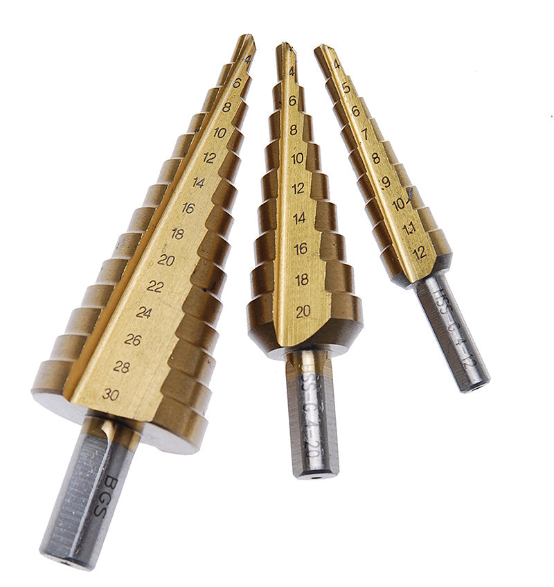 SET 3 PEZZI FRESE A GRADINI, RIVESTIMENTO AL TITANIO,4-30 MM BGS1624