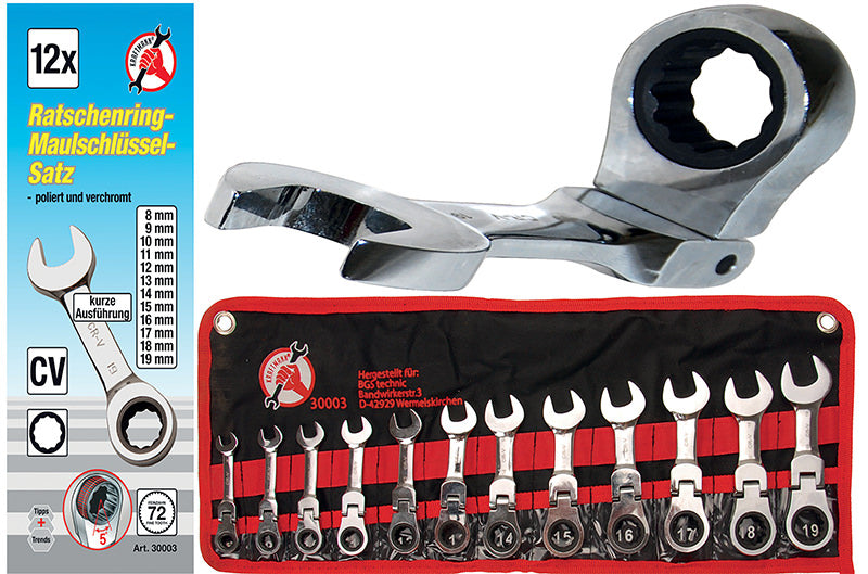 SET 14 PEZZI CHIAVI COMBINATE A CRICCHETTO EXTRA-CORTE CON SNODO BGS30003 8/19mm