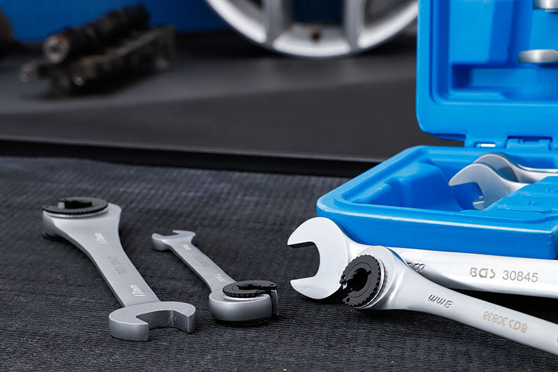 SET 9 PEZZI, CHIAVI COMBINATE A CRICCHETTO PER RACCORDI TUBI, 8 - 17 MM BGS30849