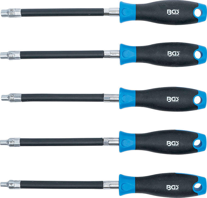 SET 5 PEZZI, IMPUGNATURA TORX FEMMINA FLESSIBILE, E4-E8, LUNGHEZZA LAMA 150 MM BGS70019