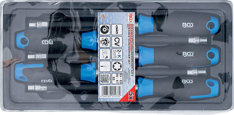 SET 5 PEZZI, IMPUGNATURA TORX FEMMINA FLESSIBILE, E4-E8, LUNGHEZZA LAMA 150 MM BGS70019
