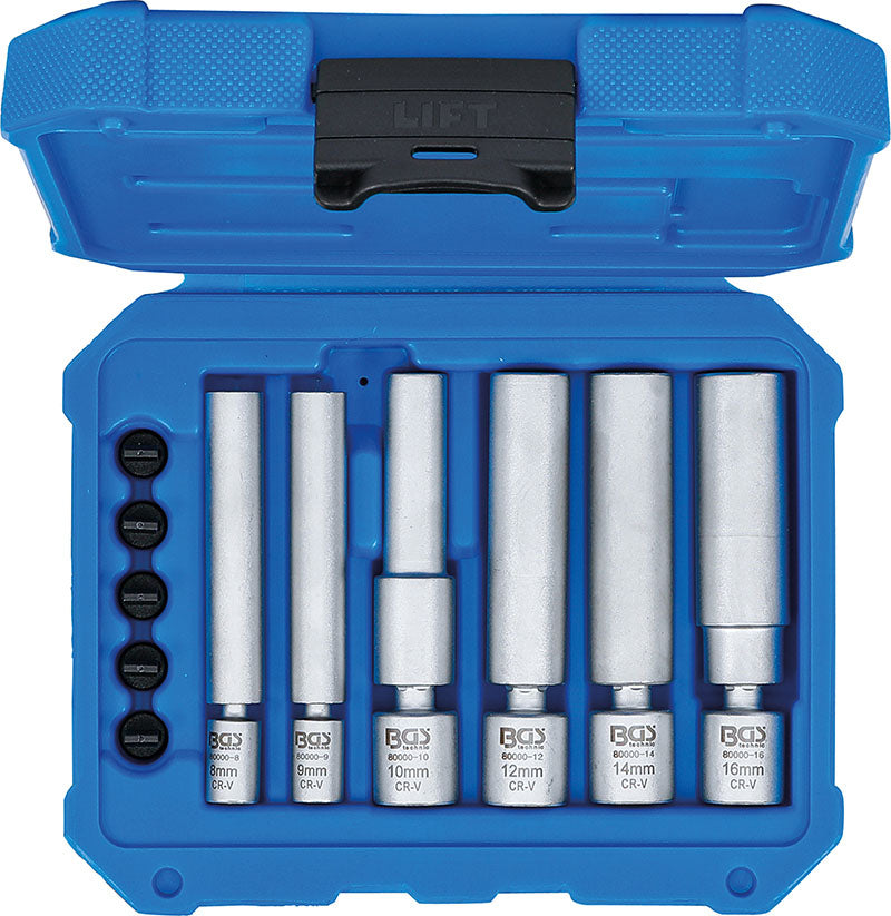 SET 11 PEZZI, BUSSOLE SNODATE PER CANDELE E CANDELETTE, ATTACCO 1/4” & 3/8”, 8-9-10-12-14-16 MM BGS80000