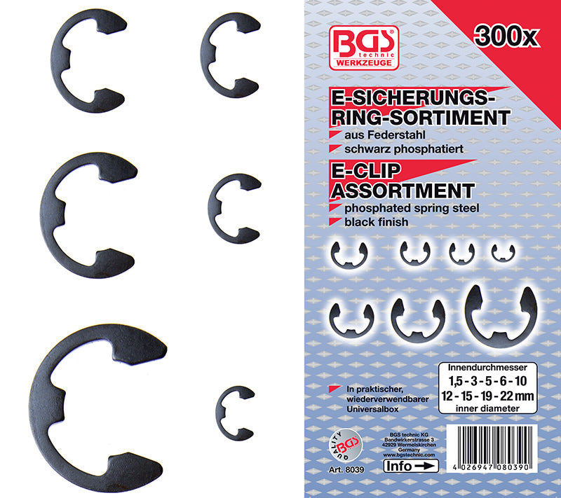 ASSORTIMENTO 300 PEZZI, E-CLIP METRICHE, 1,5-22 MM BGS8039