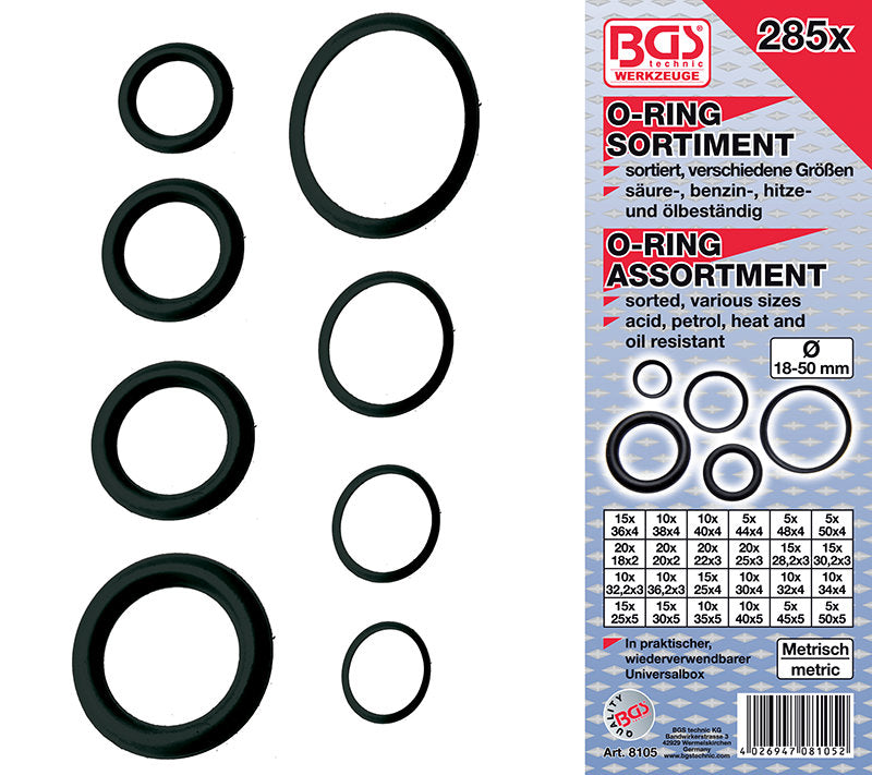 ASSORTIMENTO 285 PEZZI, O-RING XXL Ø 18-50 MM BGS8105