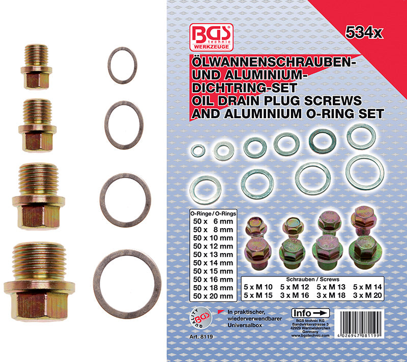 ASSORTIMENTO 534 PEZZI, TAPPI SCARICO OLIO E O-RING IN ALLUMINIO BGS8119