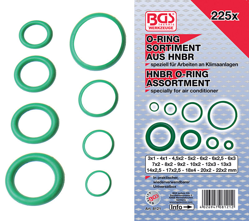 ASSORTIMENTO 225 PEZZI, O-RING HNBR Ø 3-22 MM BGS8121