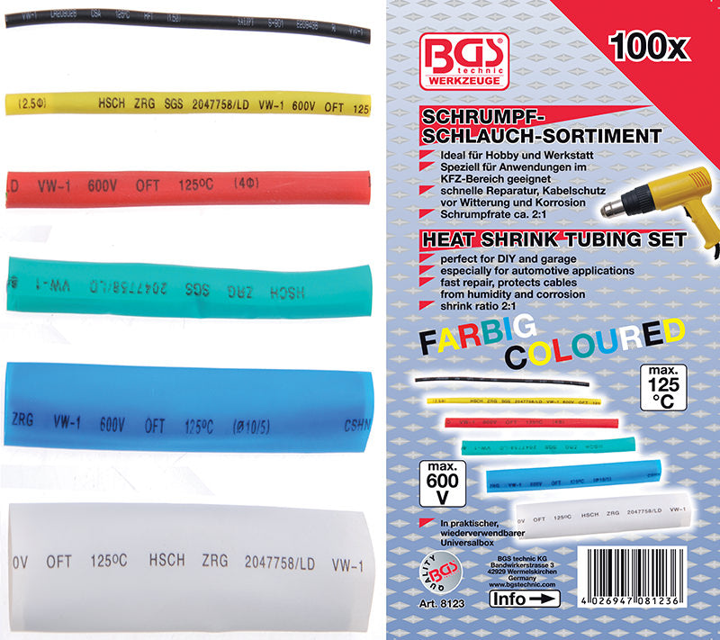 ASSORTIMENTO 100 PEZZI, GUAINE TERMORESTRINGENTI COLORATE BGS8123