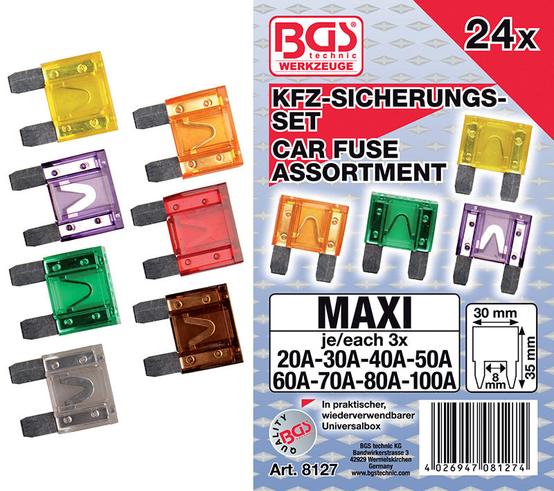 ASSORTIMENTO 24 PEZZI, MAXI FUSIBILI PER AUTO BGS8127