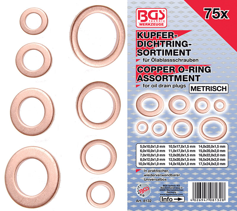 ASSORTIMENTO 75 PEZZI, RONDELLE IN RAME, MISURE METRICHE, PER TAPPI DI SCARICO OLIO BGS8132