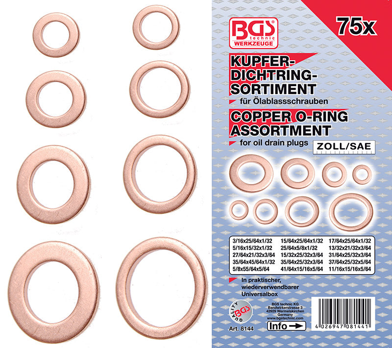 ASSORTIMENTO 75 PEZZI, RONDELLE IN RAME, IN POLLICI, PER TAPPI SCARICO OLIO BGS8144