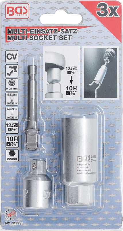 SET 3 PEZZI, BUSSOLA UNIVERSALE 9-21 MM, CON ADATTATORI BGS92533