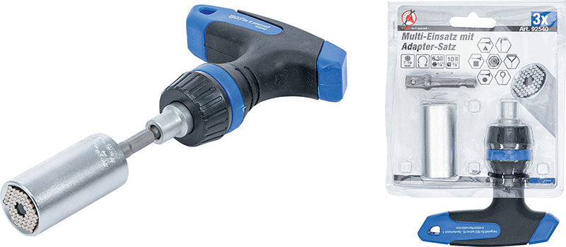 SET 3 PEZZI, BUSSOLA UNIVERSALE, ADATTATORE E CHIAVE A CRICCHETTO REVERSIBILE BGS92540