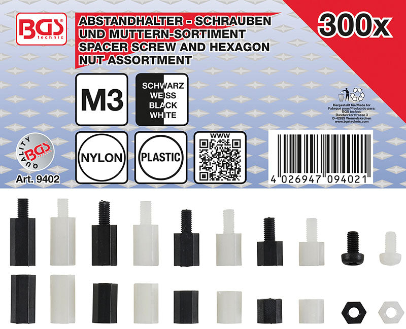 ASSORTIMENTO 300 PEZZI, VITI, DISTANZIALI E DADI IN NYLON BGS9402