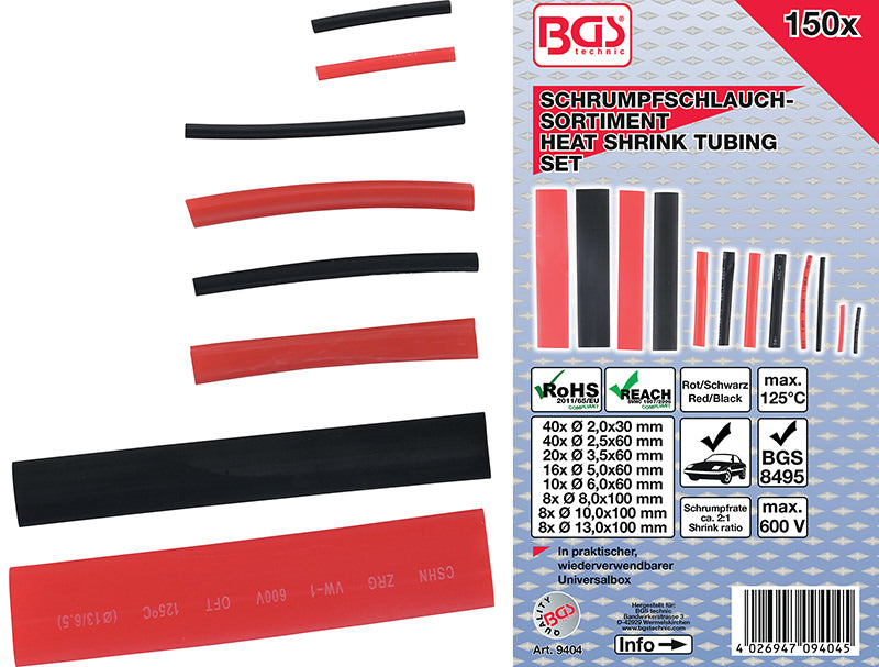 ASSORTIMENTO 150 PEZZI, GUAINE TERMORESTRINGENTI, ROSSE E NERE BGS9404