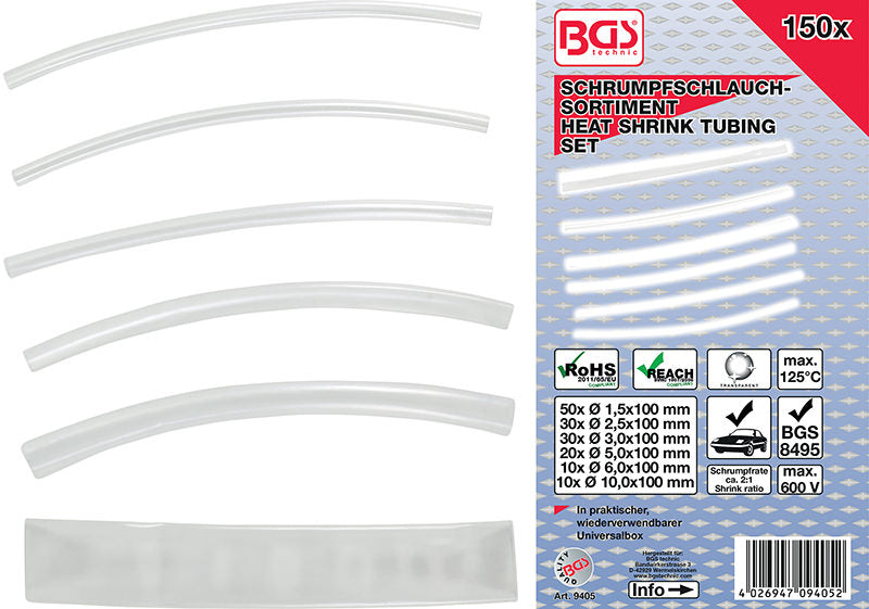 ASSORTIMENTO 150 PEZZI, GUAINE TERMORESTRINGENTI, TRASPARENTI BGS9405