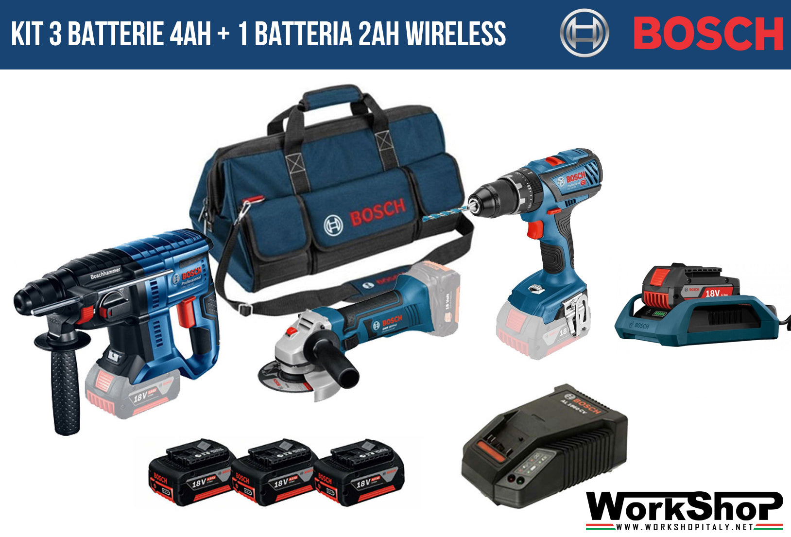 Promo Kit 4Ah +2Ah Wireless Bosch Professional GBH 18V-20 + GSB 18V-28 + GWS18 V-LI + Borsone
