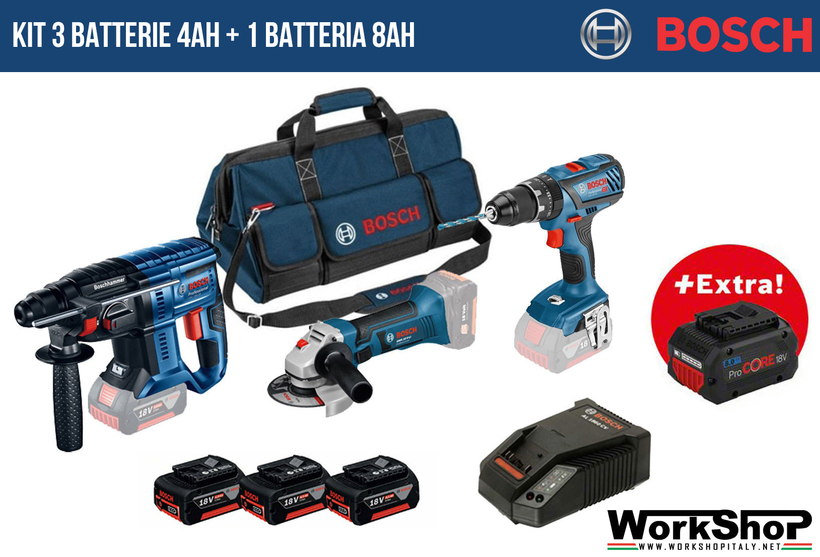 Promo Kit 4Ah +8Ah Bosch Professional GBH 18V-20 + GSB 18V-28 + GWS18 V-LI + Borsone