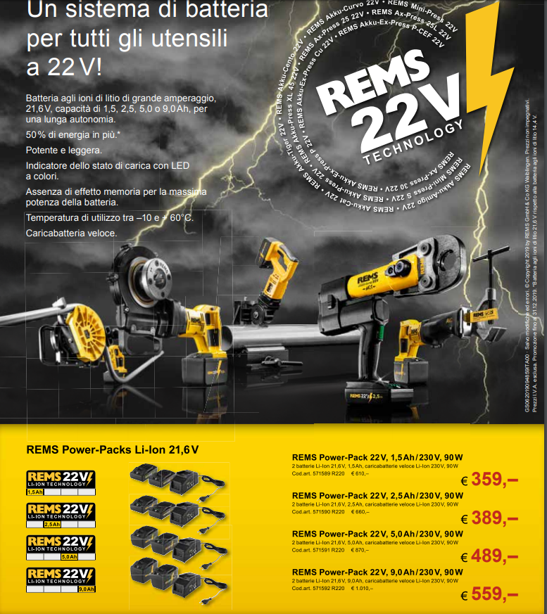Set batterie + caricabatterie 21,6 V da 1,5 Ah a 9 Ah Rems Power-Packs Li-Ion
